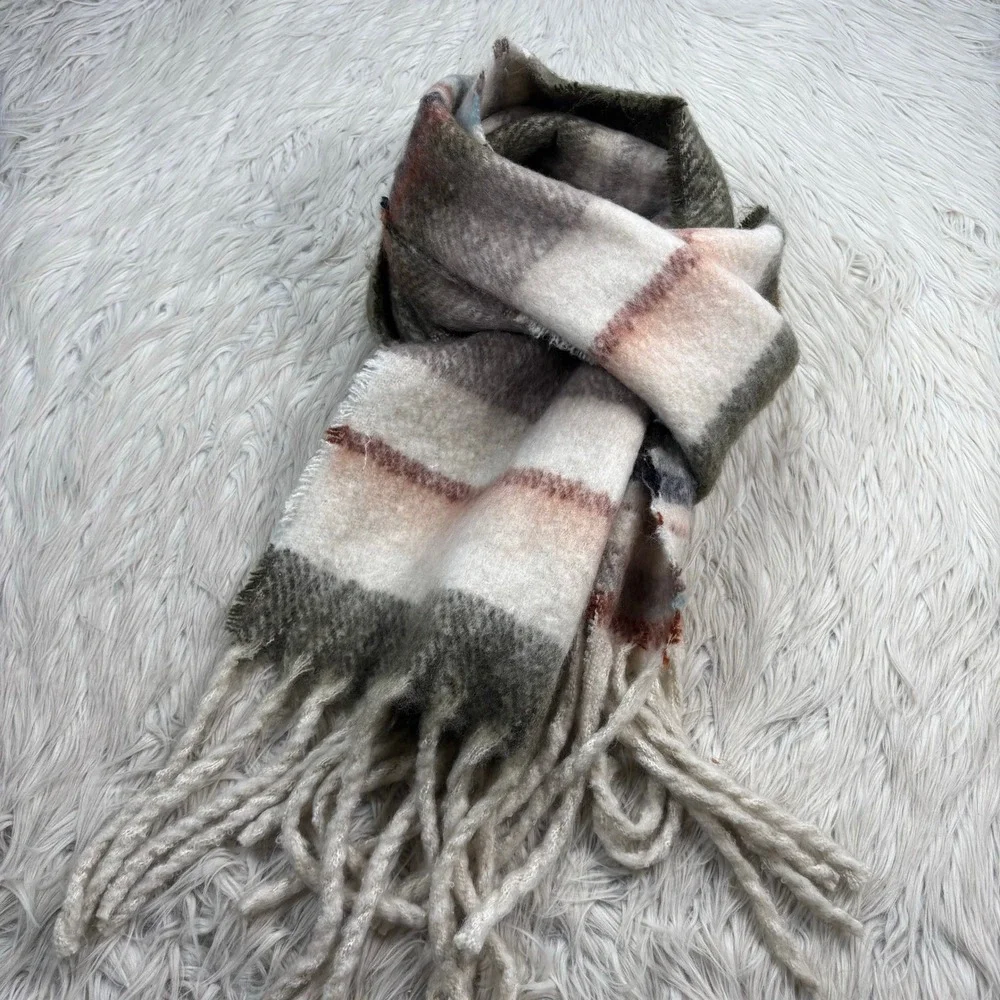 Free People Plush Knit Multi-Color Striped Oversized Blanket Scarf Fringe Cozy
